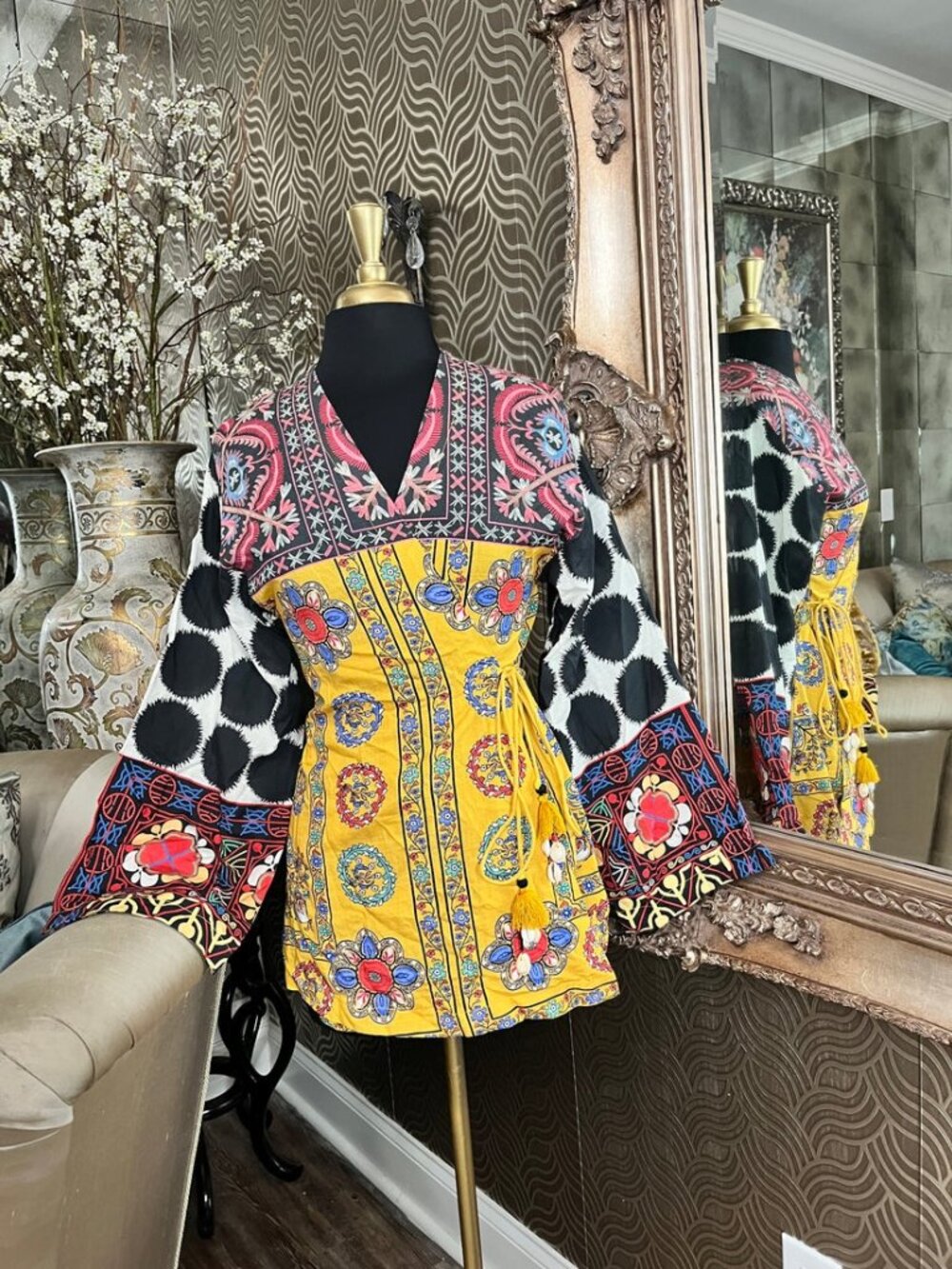 Ethnic colorful V-neck pattern flared sleeves wrap duster
